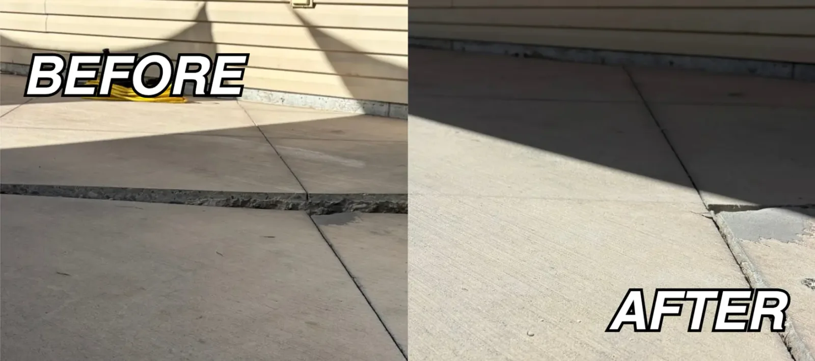 Patio slab before and after leveling in Kimberly, Idaho